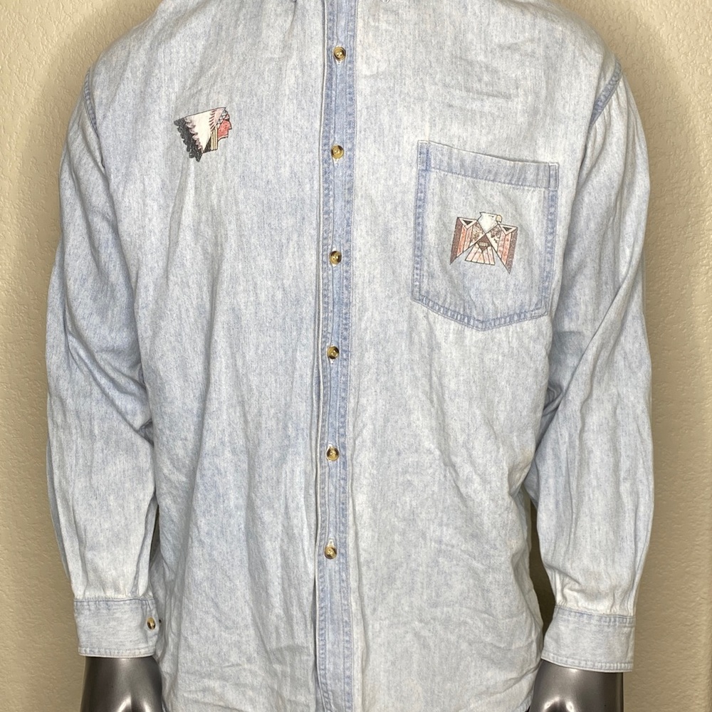 Basicss Blue Button Up Shirt American Indian Chief Eagle Size Large